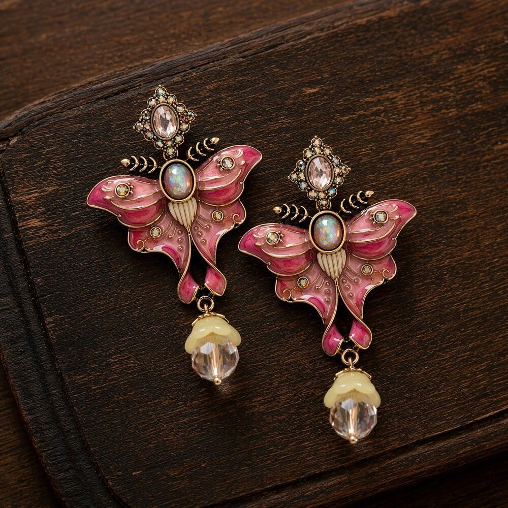 Museum Art Deco Butterfly Moth Earrings Enamel Crystal Nouveau Antique CZ VTG